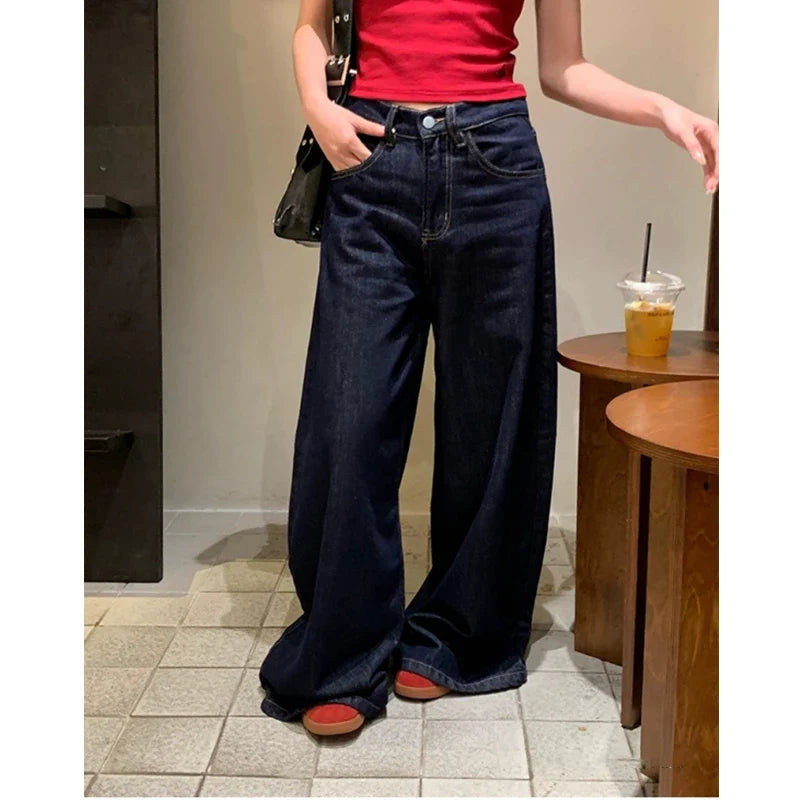 Women's Large Wide Leg Retro Dark Blue Jeans Cool Girl Street Fashion Bottoms Female High Waist Straight Loose Denim Trousers