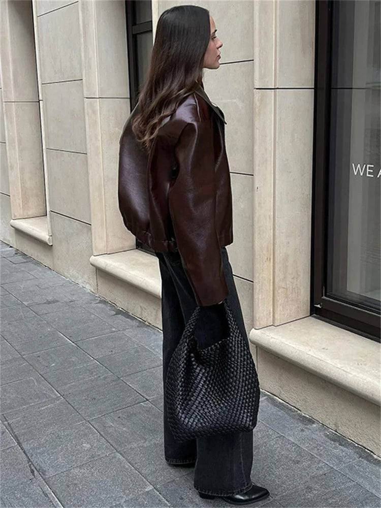 High Street Loose Female PU Coat Casual Zipper Slim High Waist Long Sleeve Patchwork Fashion Clothes Women Autumn Outwear