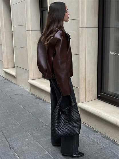 High Street Loose Female PU Coat Casual Zipper Slim High Waist Long Sleeve Patchwork Fashion Clothes Women Autumn Outwear