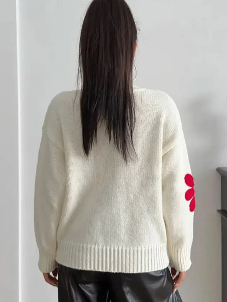 Autumn Knitted Women Sweater Sweet Flower Loose Long Sleeve O-neck Female Pullovers 2025 New Casual Loose Ladies Tops Streetwear