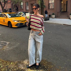 Striped Off Shoulder Pullovers Women Fashion Long Sleeves Contrast Color Tops 2025 Autumn Casual Party Lady New Streetwear