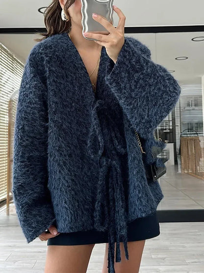 Fashion Women Lace Up Mohair Cardigan Elegant Women's V Neck Long Sleeves Short Coats Autumn Lady Commuting Warm Knit Outwears