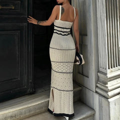 High Street U Neck Striped Knit Dresses Ladies Sexy Hollow Out Spaghetti Tank Long Dress Fashion Women Slit Bodycon Party Dress