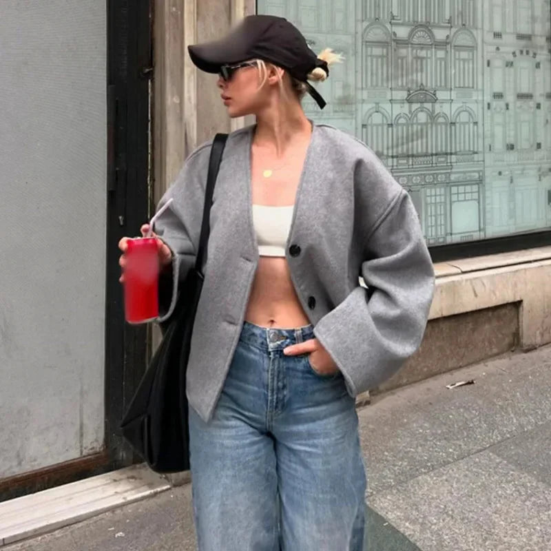 Vintage Solid Single Breasted Short Coats Women Casual Long Sleeves V Neck Crop Jackets Autumn Chic Lady Commuter Outerwear