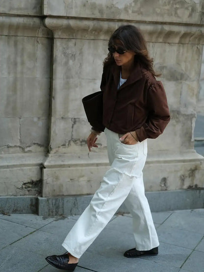 Retro Brown Suede Short Jacket Elegant Women Stand Collar Full Sleeves Single Breasteds Loose Coats Autumn Chic Lady Street Wear