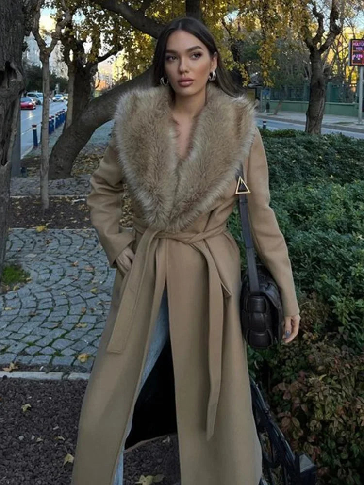 Women Faux Fur Patchwork Collar Woolen Belts Coat Button Up Pocket Casual Thicken Warm Outwear Female Winter Chic Jacket