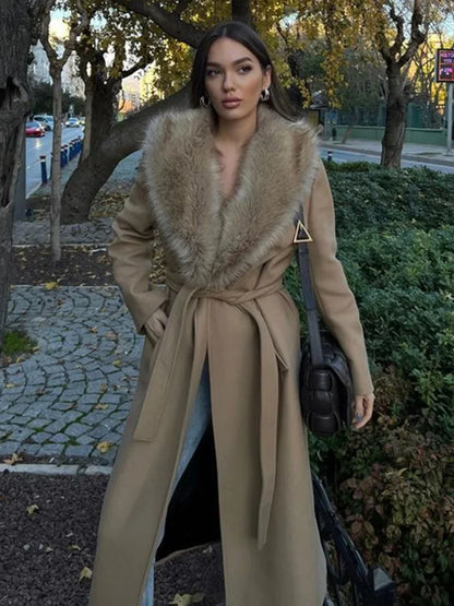 Women Faux Fur Patchwork Collar Woolen Belts Coat Button Up Pocket Casual Thicken Warm Outwear Female Winter Chic Jacket