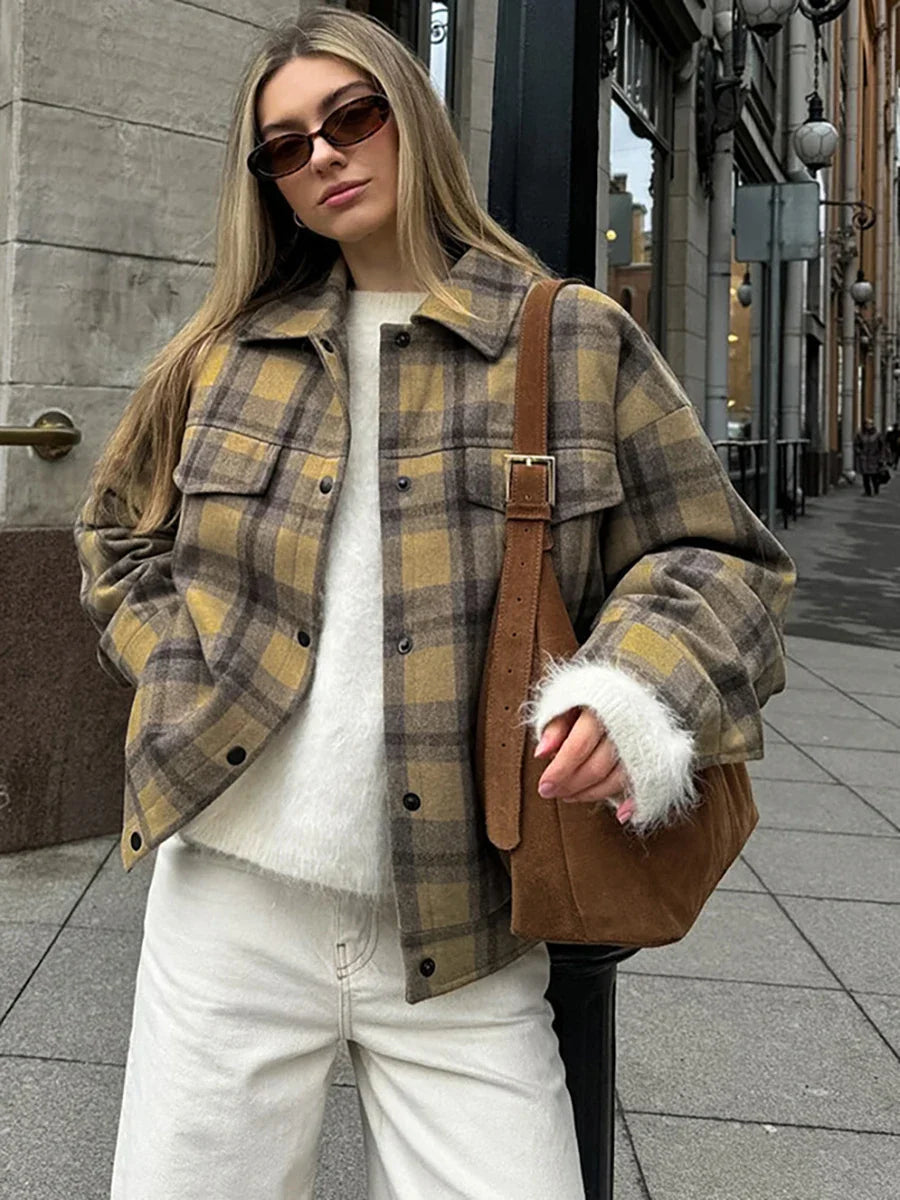 New Plaid Contrast Jacket Women Autumn Winter Single Breasted Long Sleeve Outerwear Female Streetwear Vintage Fashion Coat