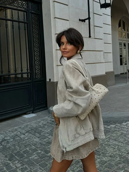 Do Old Suede Jacket Coat White Workwear Style Lapel Casual Simple Retro Leather Tooling Jackets Loose Wide Fit Slimming Outwear