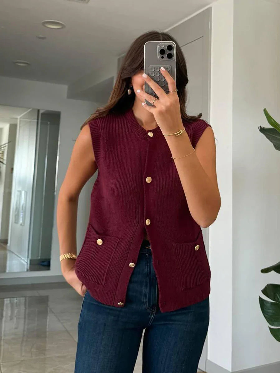 Pocket Solid Cardigan Vest Women O Neck Single Breasted Sleeveless Knit Waistcoat 2025 New Simple Casual Fashion Sweater Jacket