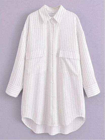 White Stripe Shirt Dress Women Autumn Spring Slit Casual Oversize Single Breasted Turn Down Collar Short Summer Dress
