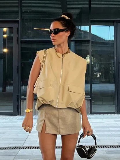 Padded Beige Waistcoat Folds Winter Sleeveless Vest Coat Turtleneck Pockets Zipper Autumn Thick Warm Parka Jacket