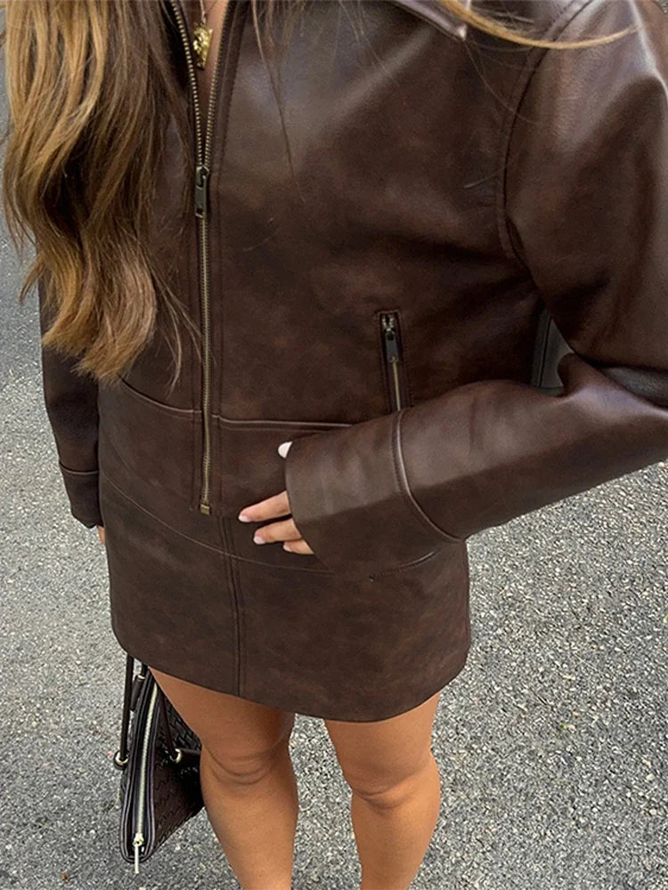 Retro Brown Leather Women's Jacket Skirt Set Fashion Turndown Collar Zipper Long Sleeve Jackets Casual Vintage Short Skirts Sets
