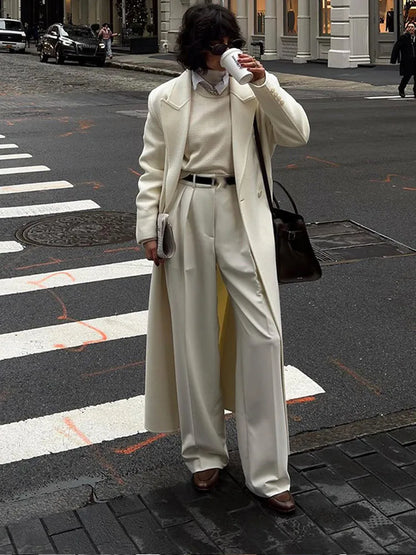 White Elegant Double Breasted Loose Woolen Coat Women Chic Oversized Long Sleeve Overcoat Fall Winter New Ladies Outerwear