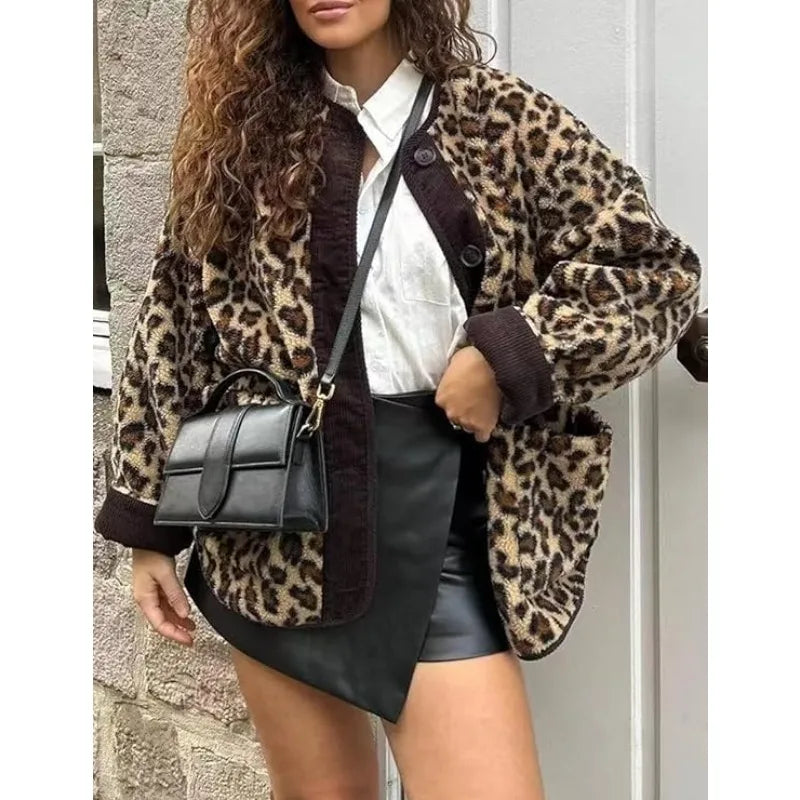 New Women's Leopard Fuzzy Fleece Jacket Long Sleeve Open Front Coats Lightweight Casual Outerwear with Pocket Thermal Top Jacket