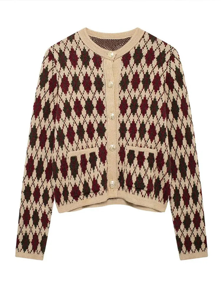 Check Plaid Knitted Cardigans Women Single Breasted Casual Loose Elegant Sweaters Long Sleeve Chic Coats 2024 Winter Lady Tops