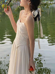 Elegant Dress for Women Sleeveless French Style Vintage Dresses Solid Lace Sling Fairycore 2024 New Spring Summer Dress