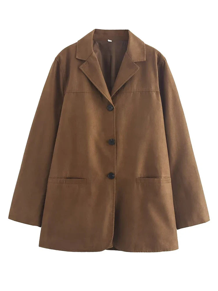 Turn Down Collar Brown Autumn Jacket for Women Casual Single Breasted Long Coat Jacket Female Winter Jacket Back Slit