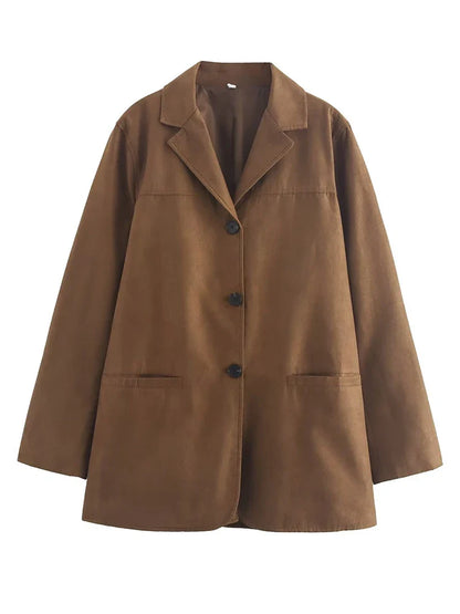 Turn Down Collar Brown Autumn Jacket for Women Casual Single Breasted Long Coat Jacket Female Winter Jacket Back Slit