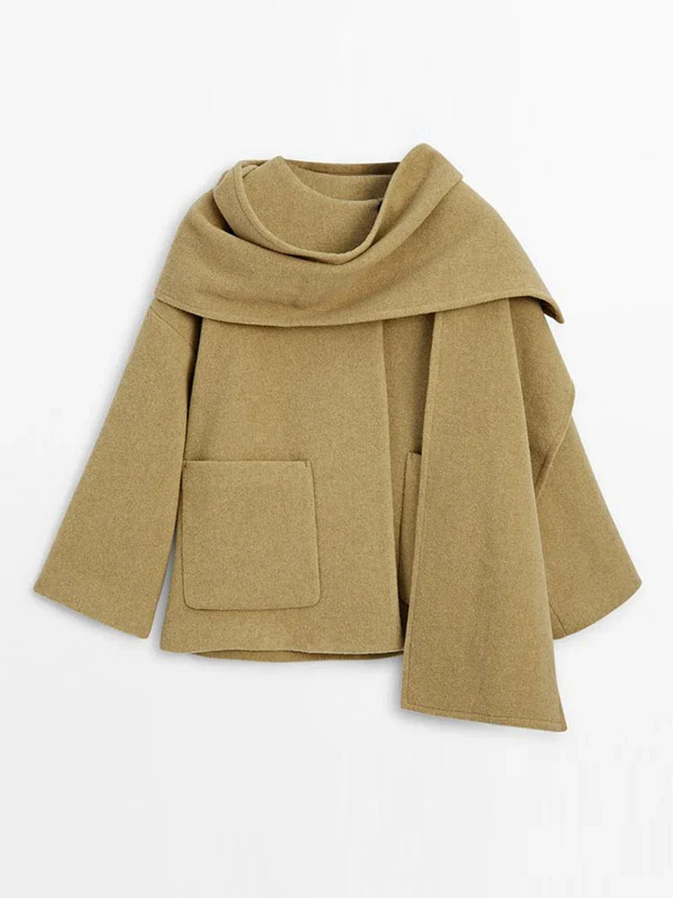 Woolen Scarf Collar Casual Coat Women Single Breasted Elegant Thicken Warm Pocket Loose Solid Jacket Winter Long Sleeve Outwear