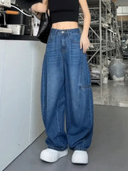 Blue Jeans Women Y2K Hip Hop Fashion Vintage High Waisted Cargo Jeans Streetwear Casual Loose Large Size Wide Leg Denim Pants