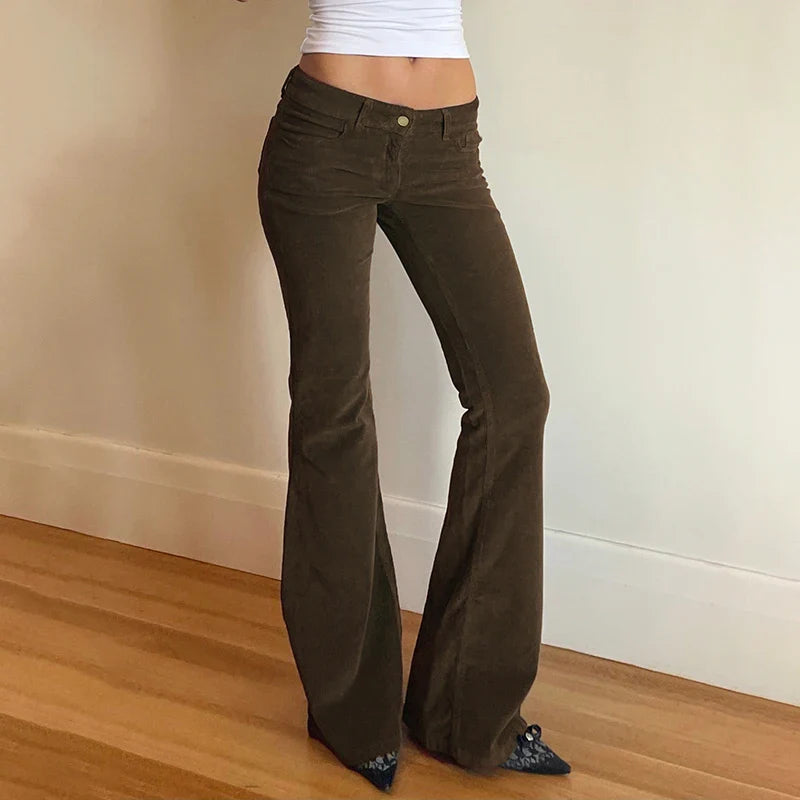 Women Corduroy Flare Pants Retro Green Low Waisted Skinny Boot Cut Trousers Autumn Y2K Streetwear Outfits Casual