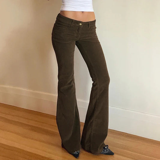 Women Corduroy Flare Pants Retro Green Low Waisted Skinny Boot Cut Trousers Autumn Y2K Streetwear Outfits Casual