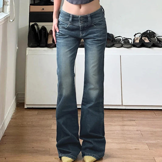 Y2K Low Waist Flare Jeans Vintage High Street Casual Denim Trousers Korean Fashion Slim Lady Trumpet Pants Spring