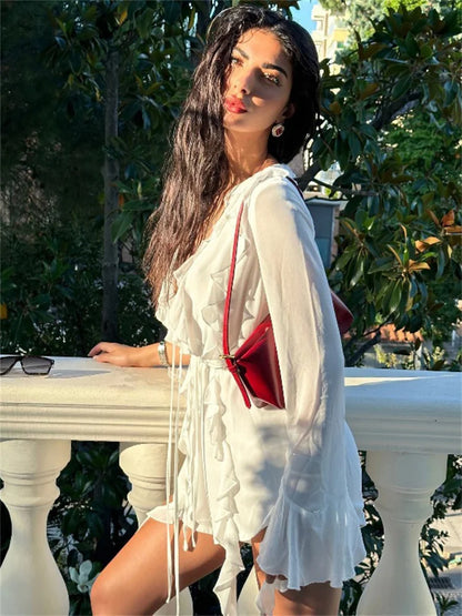 White Ruffled Sexy Mini Dress Women's Lace-Up See-Through Long Sleeve Fashion V-Neck Party Dress Female Bandage Mini Dress