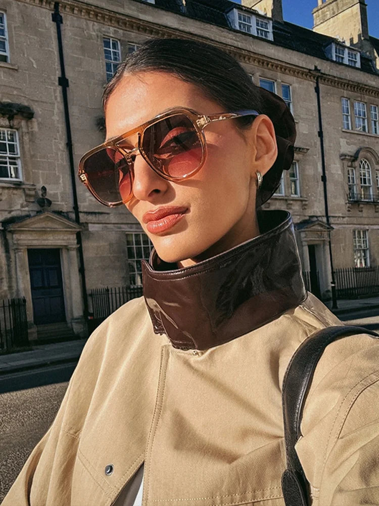 Leather Collar Cargo Jacket Button Down Plaid Pattern Patchwork Jackets Vintage Contrast Color Trench Coat Loose Casual Outwear