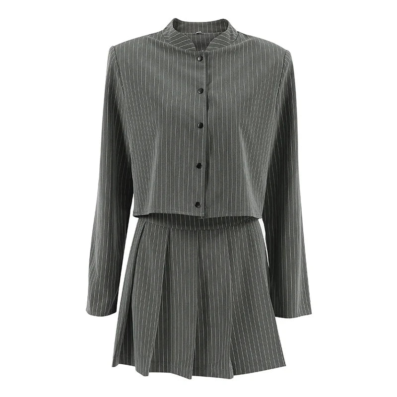 Women Striped Skirt Set Stand Collar Single Breasted Top High Waist Pleated Skirts 2024 Summer Fall New Fashion Lady Office Suit