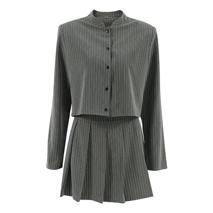 Women Striped Skirt Set Stand Collar Single Breasted Top High Waist Pleated Skirts 2024 Summer Fall New Fashion Lady Office Suit