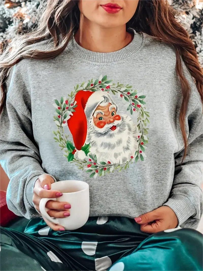Casual Long Sleeve Santa Claus Print Women’s Christmas Hoodie Hoodies-L