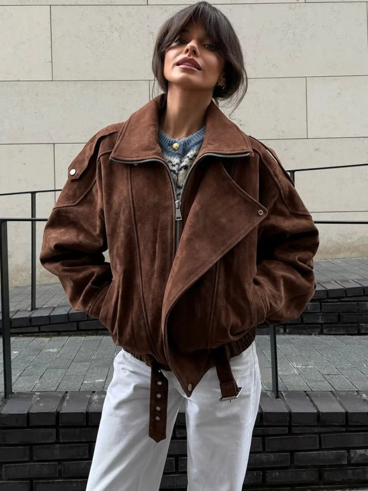 Fashion Brown Maillard Lapel Suede Leather Jackets For Women Casual Long Sleeve Zipper Pockets Coats Lady High Streetwear