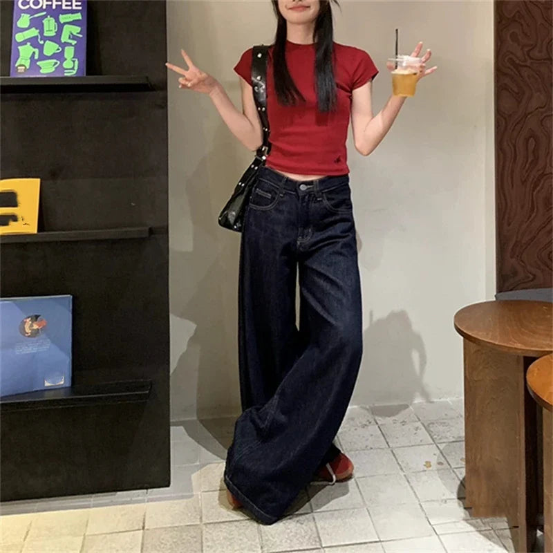 Women's Large Wide Leg Retro Dark Blue Jeans Cool Girl Street Fashion Bottoms Female High Waist Straight Loose Denim Trousers