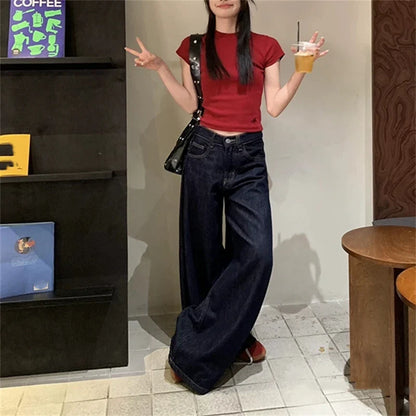 Women's Large Wide Leg Retro Dark Blue Jeans Cool Girl Street Fashion Bottoms Female High Waist Straight Loose Denim Trousers