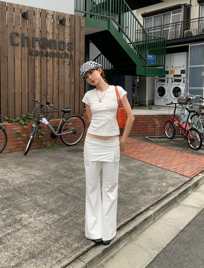 Women Lace Patch Strap Bootcut Pants white