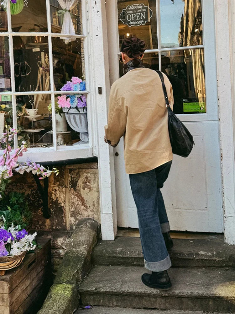 Leather Collar Cargo Jacket Button Down Plaid Pattern Patchwork Jackets Vintage Contrast Color Trench Coat Loose Casual Outwear