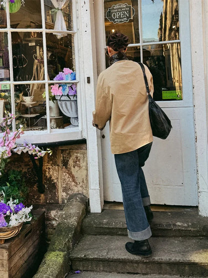 Leather Collar Cargo Jacket Button Down Plaid Pattern Patchwork Jackets Vintage Contrast Color Trench Coat Loose Casual Outwear