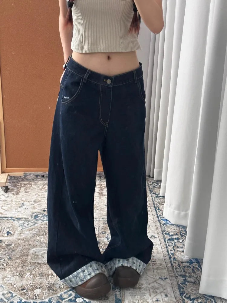 Y2k Embroidery Baggy Jeans Women Vintage Plaid Patchwork Denim Trousers Harajuku Korean Sweet Oversized Jeans Cutecore