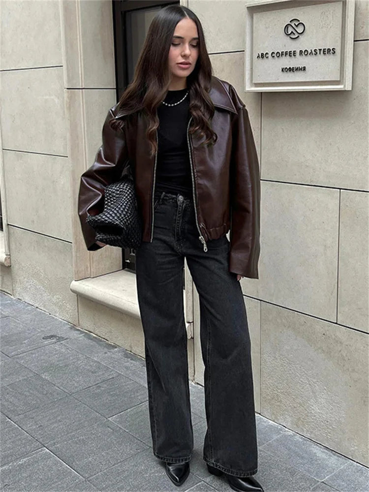 High Street Loose Female PU Coat Casual Zipper Slim High Waist Long Sleeve Patchwork Fashion Clothes Women Autumn Outwear