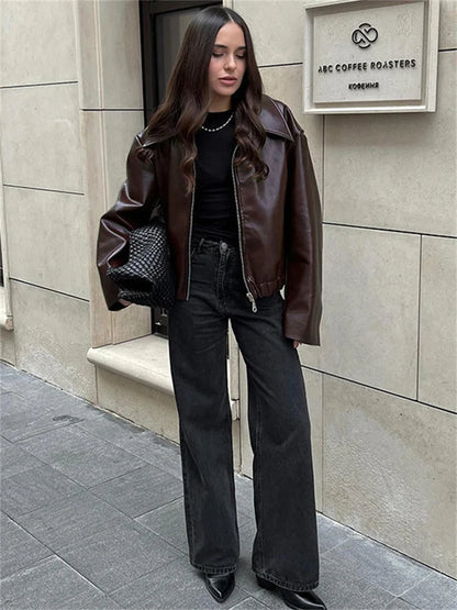 High Street Loose Female PU Coat Casual Zipper Slim High Waist Long Sleeve Patchwork Fashion Clothes Women Autumn Outwear