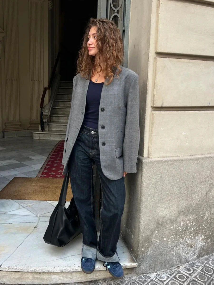 Vintage Solid Color Suit Jacket Women V Neck Single Breasted Long Sleeve Outerwear Autumn New Streetwear Fashion Casual Jackets