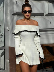 Knit Off-Shoulder Sweater Mini Dress Women's Lace Patchwork Ribbed Slim Backless Elegant Party Dress Knitwear Mini Dress