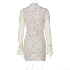 Sexy Deep V-Neck Women Lace Dress 2025 Spring Winter Fashion Flare Sleeved Elegant Party Prom Retro Dresses Bodycon Mini Robe