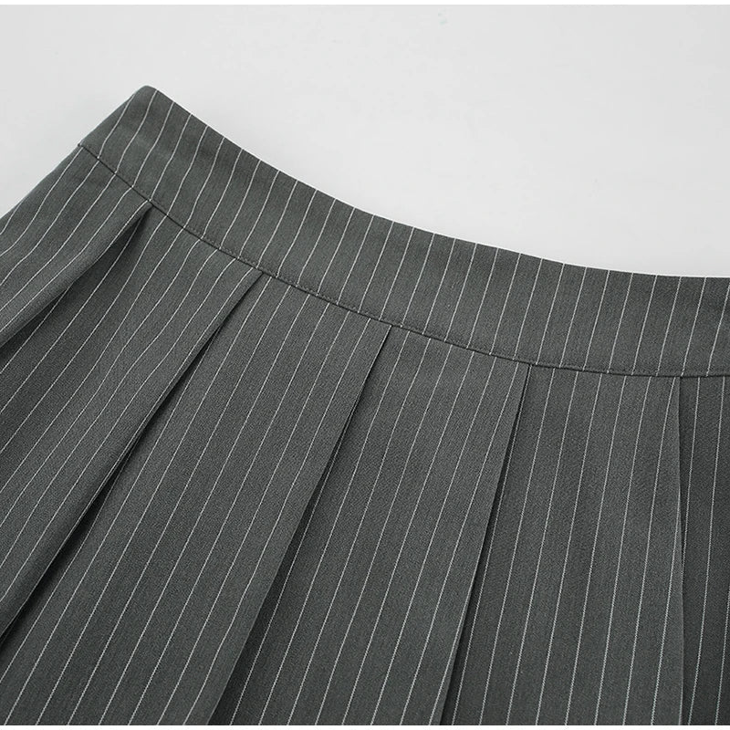 Women Striped Skirt Set Stand Collar Single Breasted Top High Waist Pleated Skirts 2024 Summer Fall New Fashion Lady Office Suit