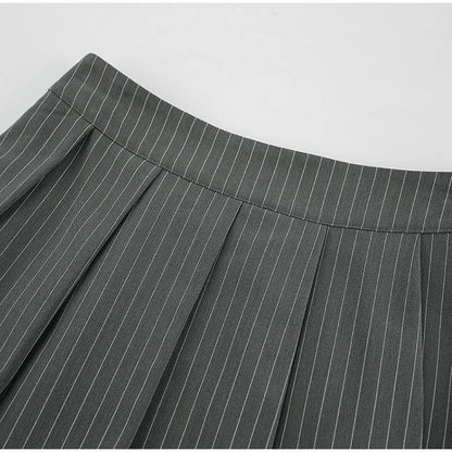 Women Striped Skirt Set Stand Collar Single Breasted Top High Waist Pleated Skirts 2024 Summer Fall New Fashion Lady Office Suit