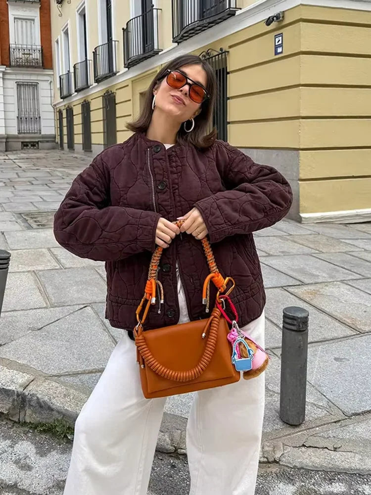 Casual Quilted Padded Jackets Women's Faionable Loose Round Neck Long Sleeve Zipper Cropped Length Outerwear Winter New