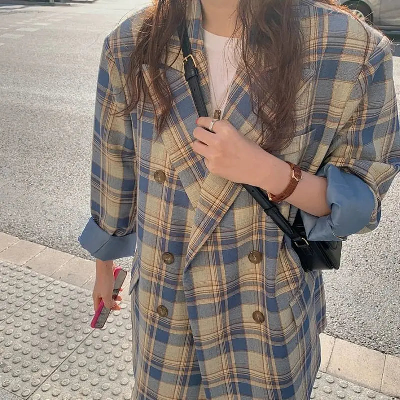 Blazer Double Breasted Plaid For Lapel Women Vintage 2024 Spring Chic Notched Collar Loose Female Suit Jackets