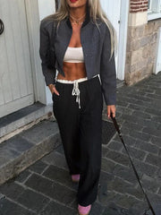 Spring Streetwear Patckwork Black Women Pants High Waist Elastic Wide Leg Long Pants Fashion 2024 Summer Bow Tie Trousers